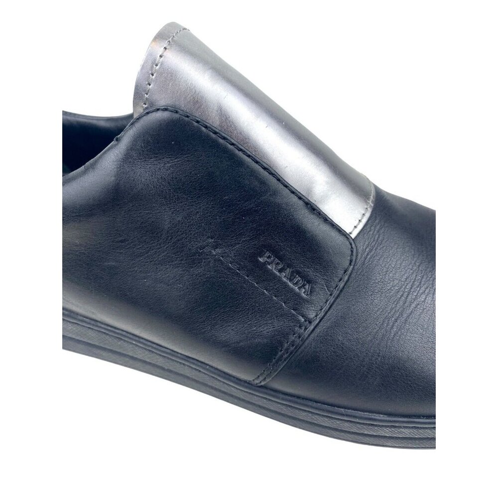 Prada Black Calfskin Leather Silver Chrome Slip On Sneakers 3S6047 US 8 EU 41 - Picture 5 of 16